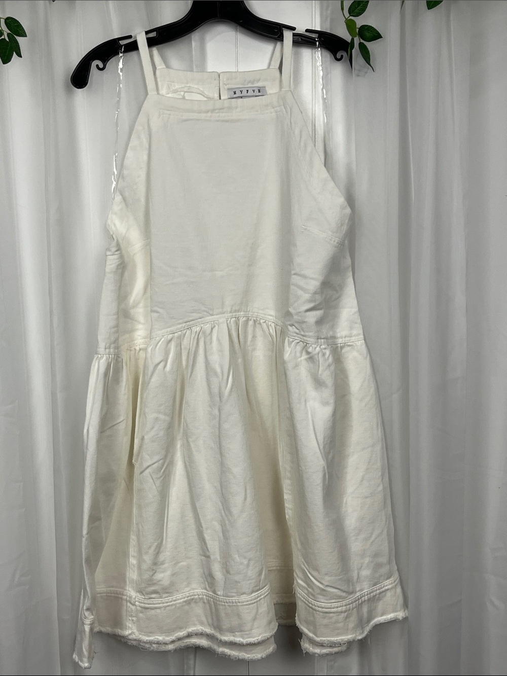 HYFVE Womens Denim Dress L White Thin Shoulder Straps Raw Hemline Pockets NWOT